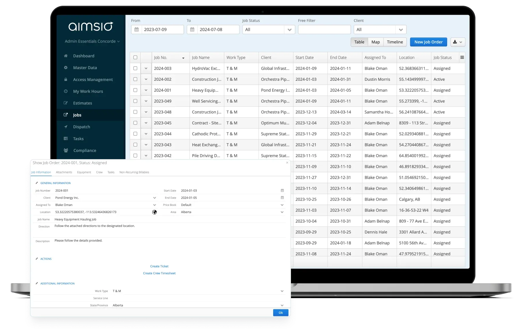 Field tickets and jobs in Aimsio