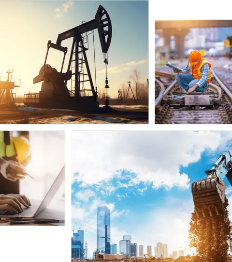 Oil derrick at sunset, rail construction worker, excavator on site, and engineer reviewing blueprints