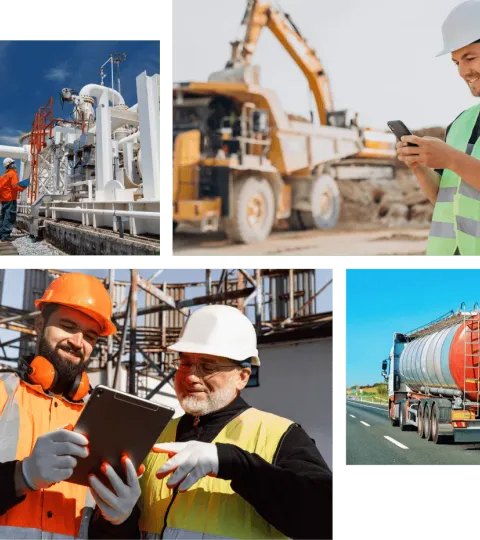 Pipeline facility workers, field worker using mobile app, and tanker truck on highway