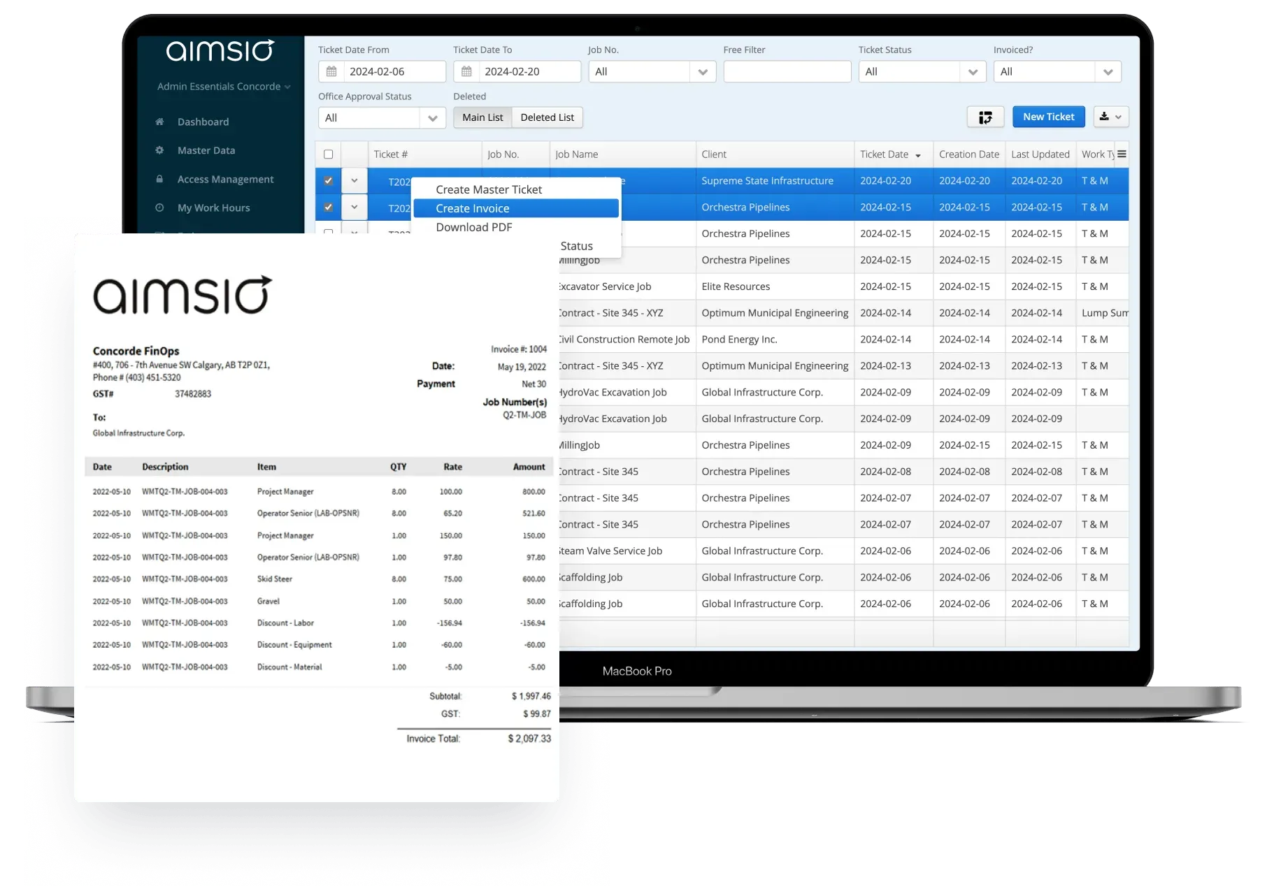 One-click invoicing in Aimsio