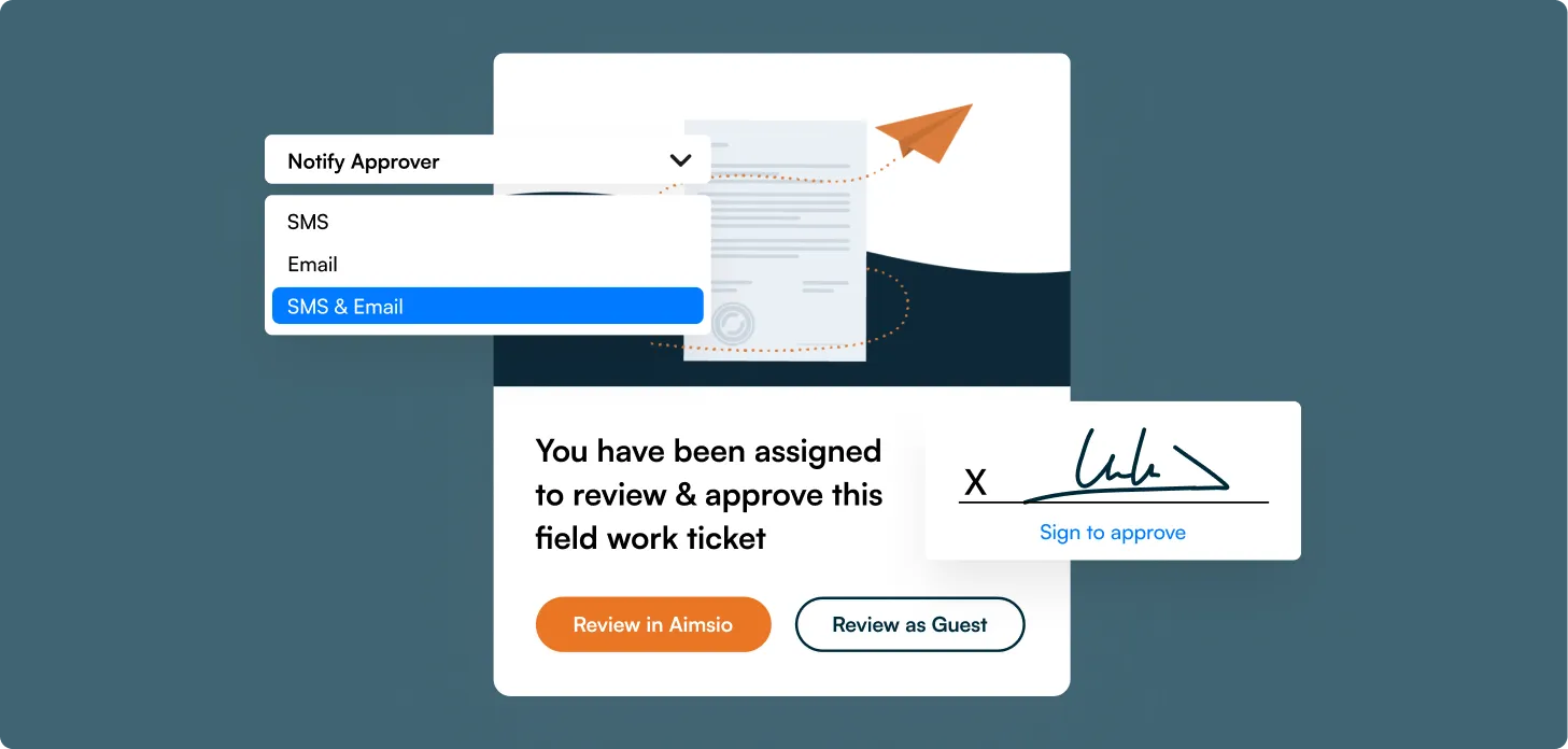 Work ticket digital signature and client approval interface in Aimsio field service management software