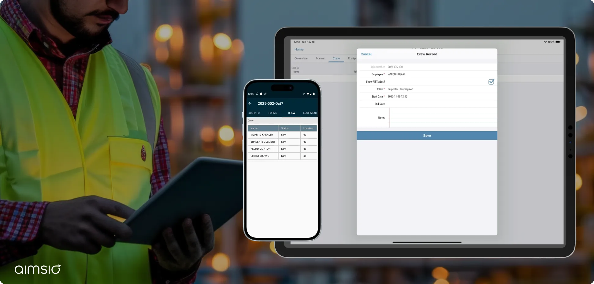 Oilfield worker with a tablet in the background. Mobile and tablet interface in the foreground showing the job assignment feature on Aimsio's field service management software.