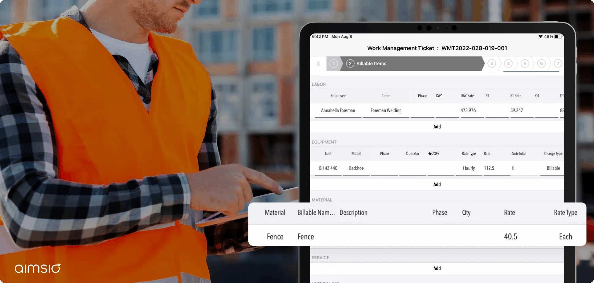 Construction work ticket capturing labor equipment and material used via a tablet on Aimsio field service management softwar