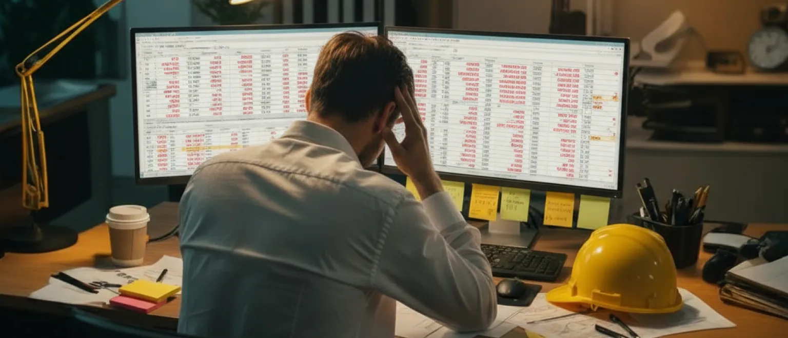 Frustrated worker dealing with multiple Excel spreadsheets