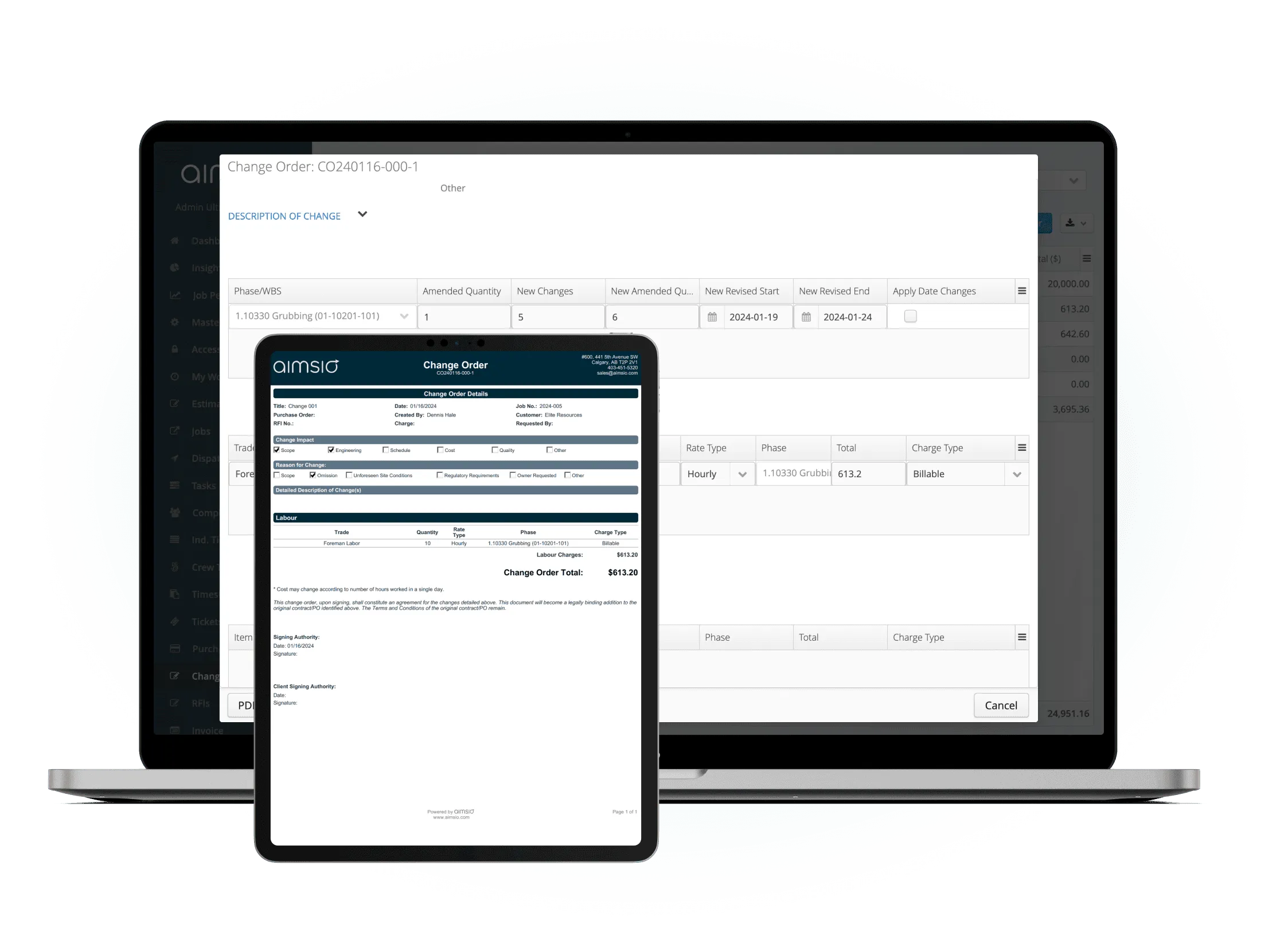 Aimsio change order management dashboard