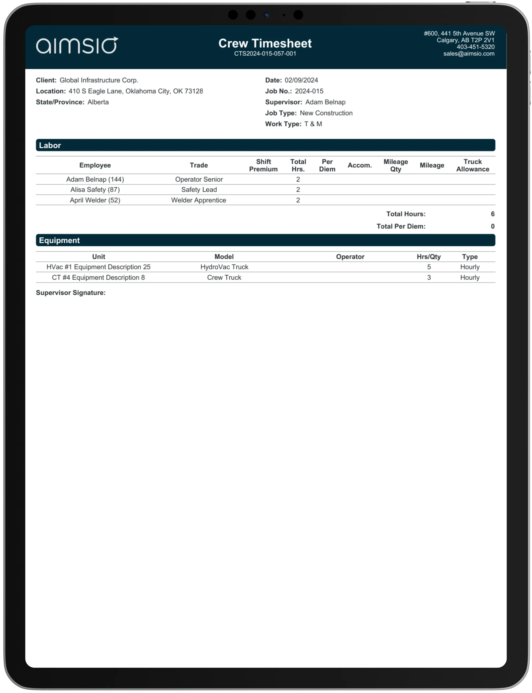 Aimsio crew timesheet PDF displayed on a tablet