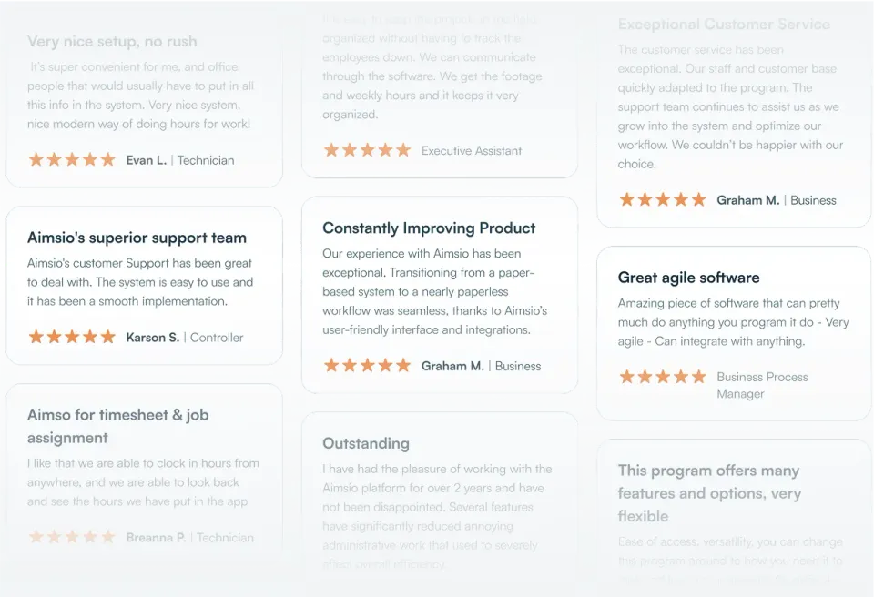 Grid of customer reviews and testimonials about Aimsio from Google, G2, and Capterra