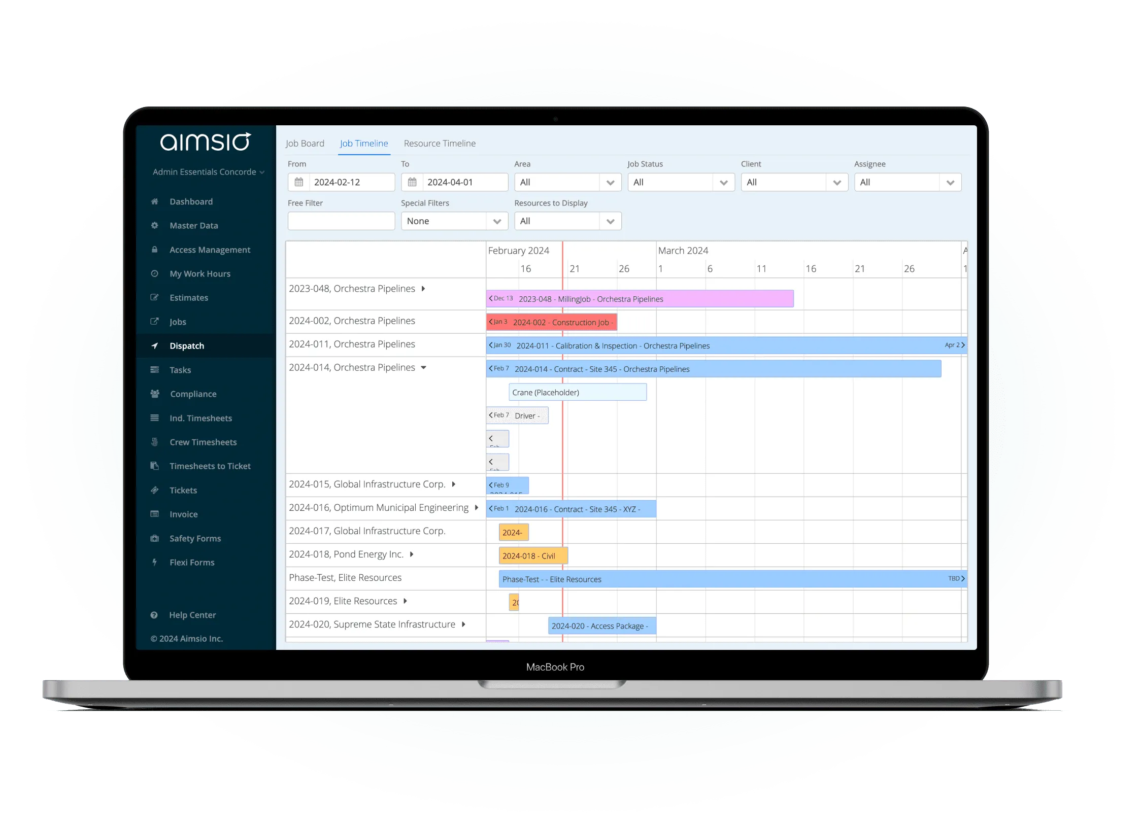 Aimsio dispatch board showing drag-and-drop crew scheduling