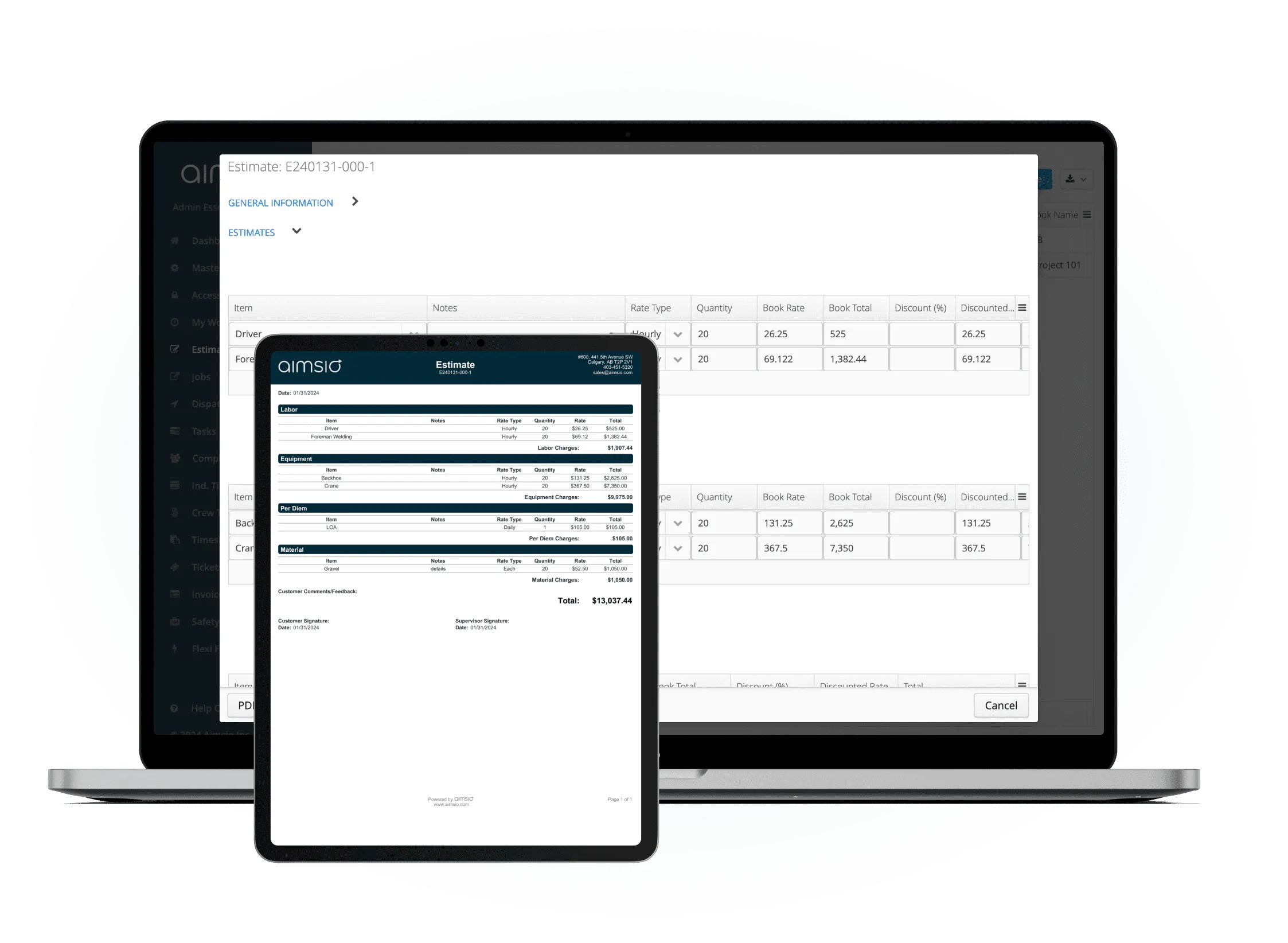 Aimsio T&M estimate builder showing itemized quote with labour and equipment rates