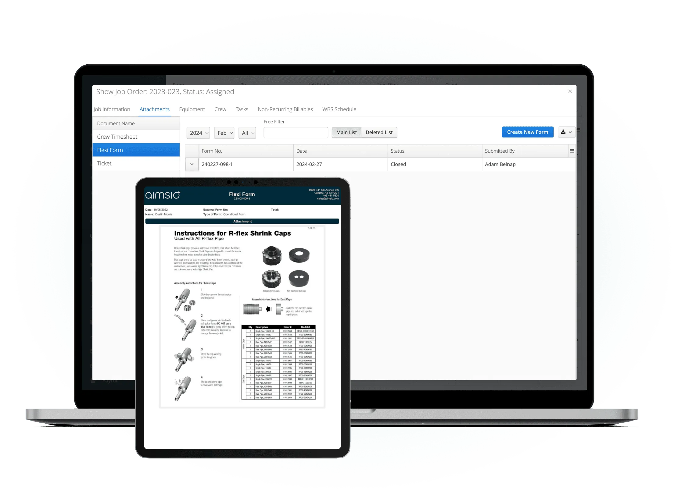 Aimsio Flexi-Forms builder showing a branded digital form with fillable fields on a tablet