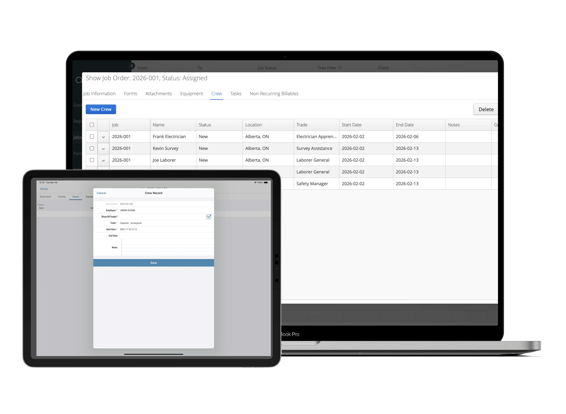Aimsio job assignments dashboard showing crew and equipment allocation