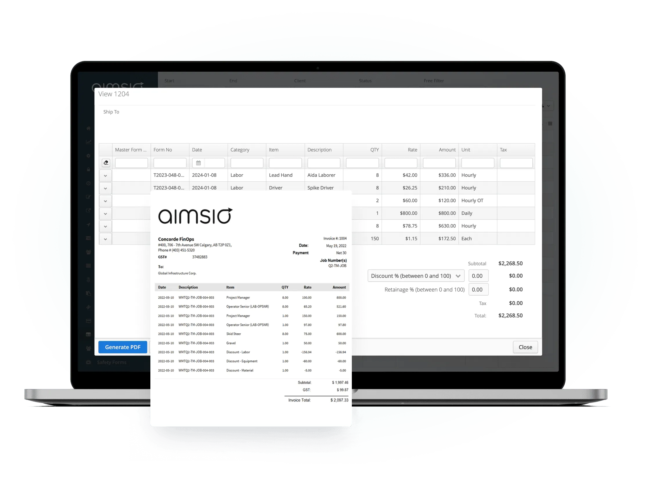 Aimsio invoicing dashboard showing one-click ticket to invoice conversion