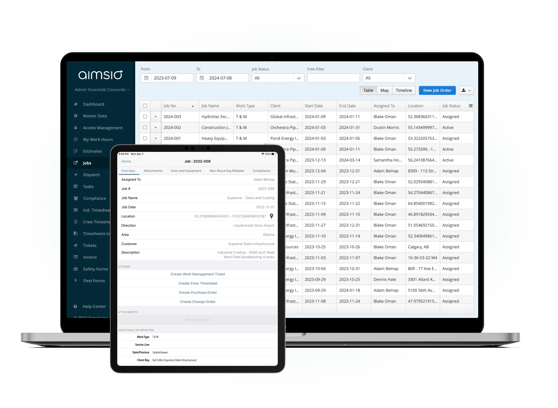 Aimsio job management dashboard showing job details and progress
