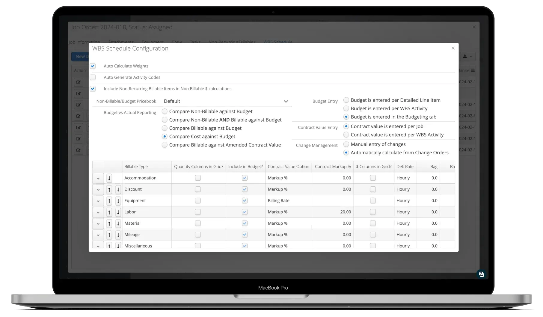 Aimsio WBS configuration screen