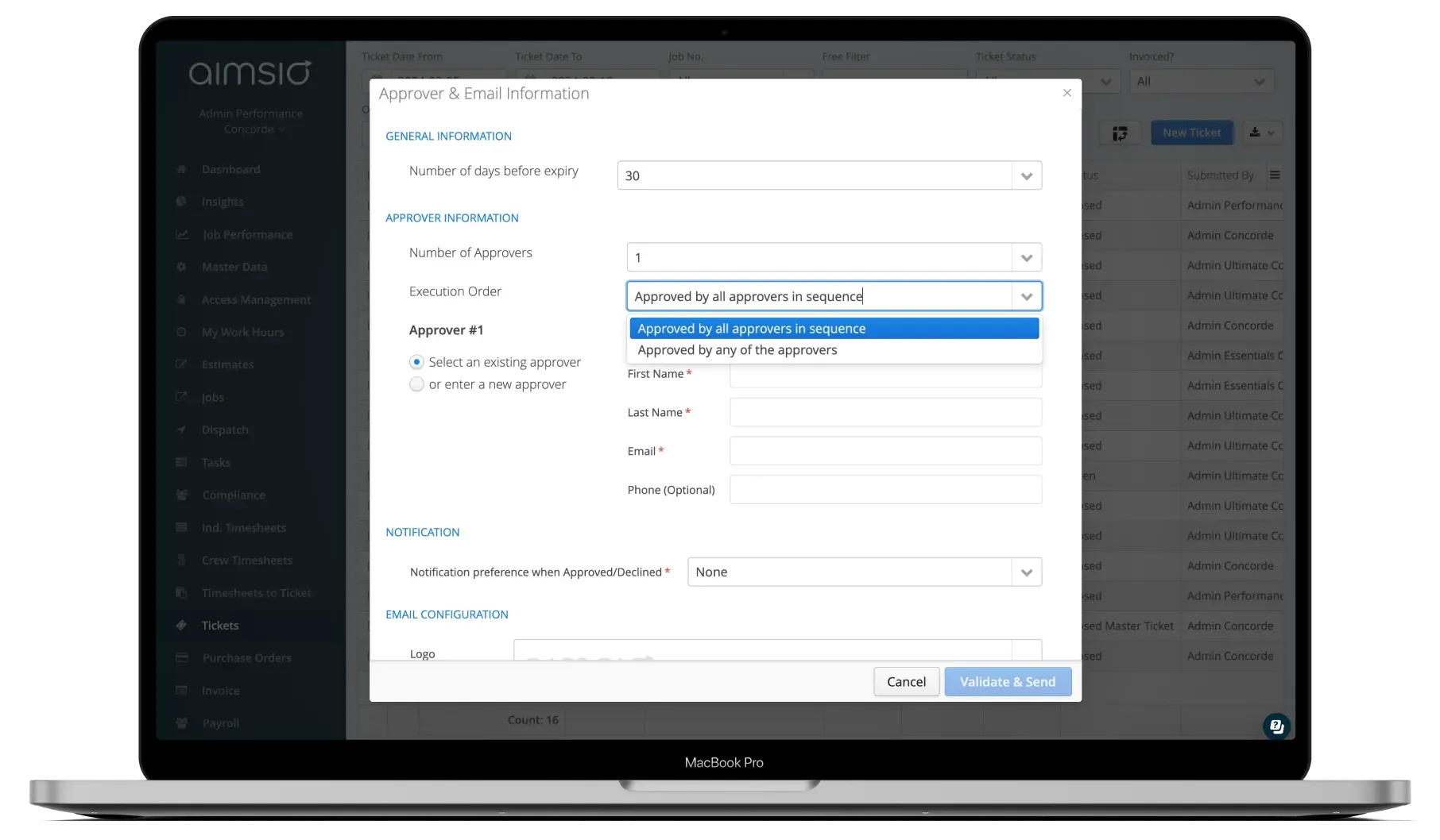 Aimsio Client Portal ticket approval interface