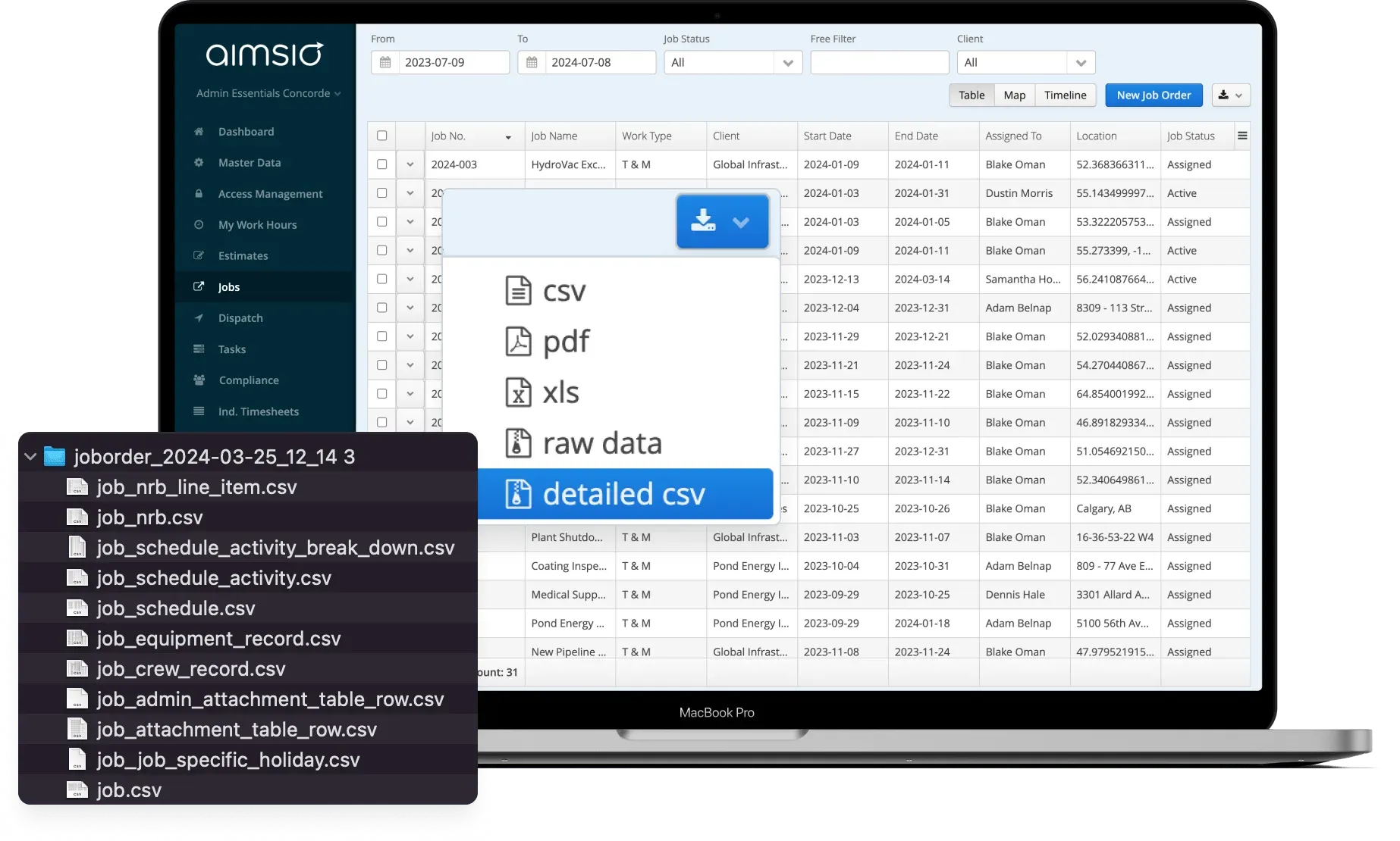 Aimsio CSV export column configuration