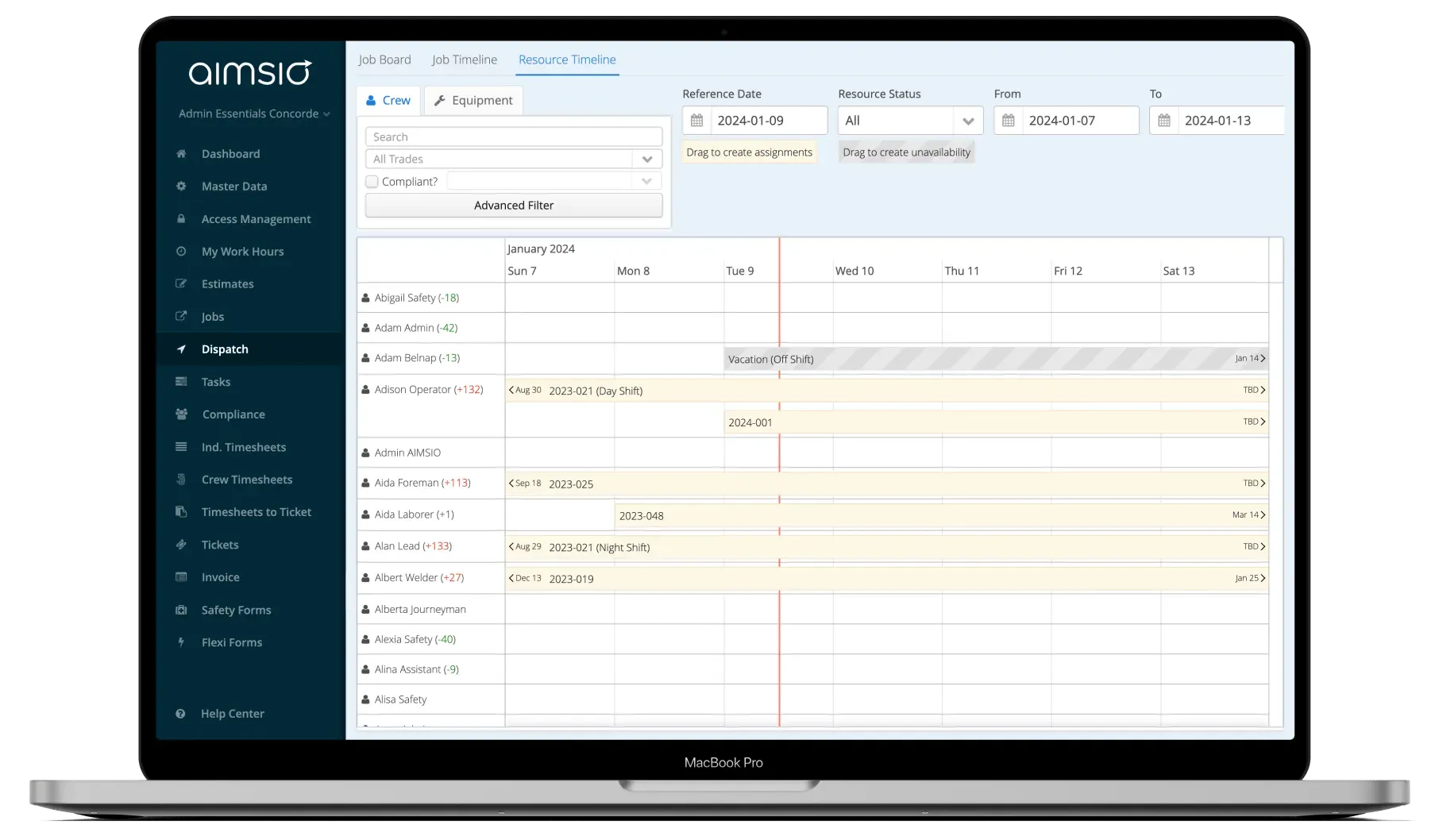 Dispatch board timeline view showing crew schedules
