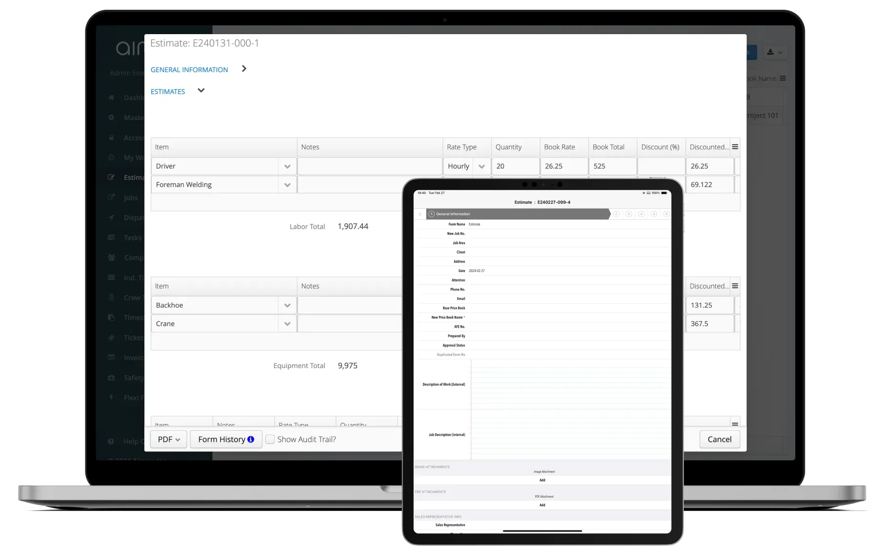 Aimsio T&M estimate view showing itemized rates and totals