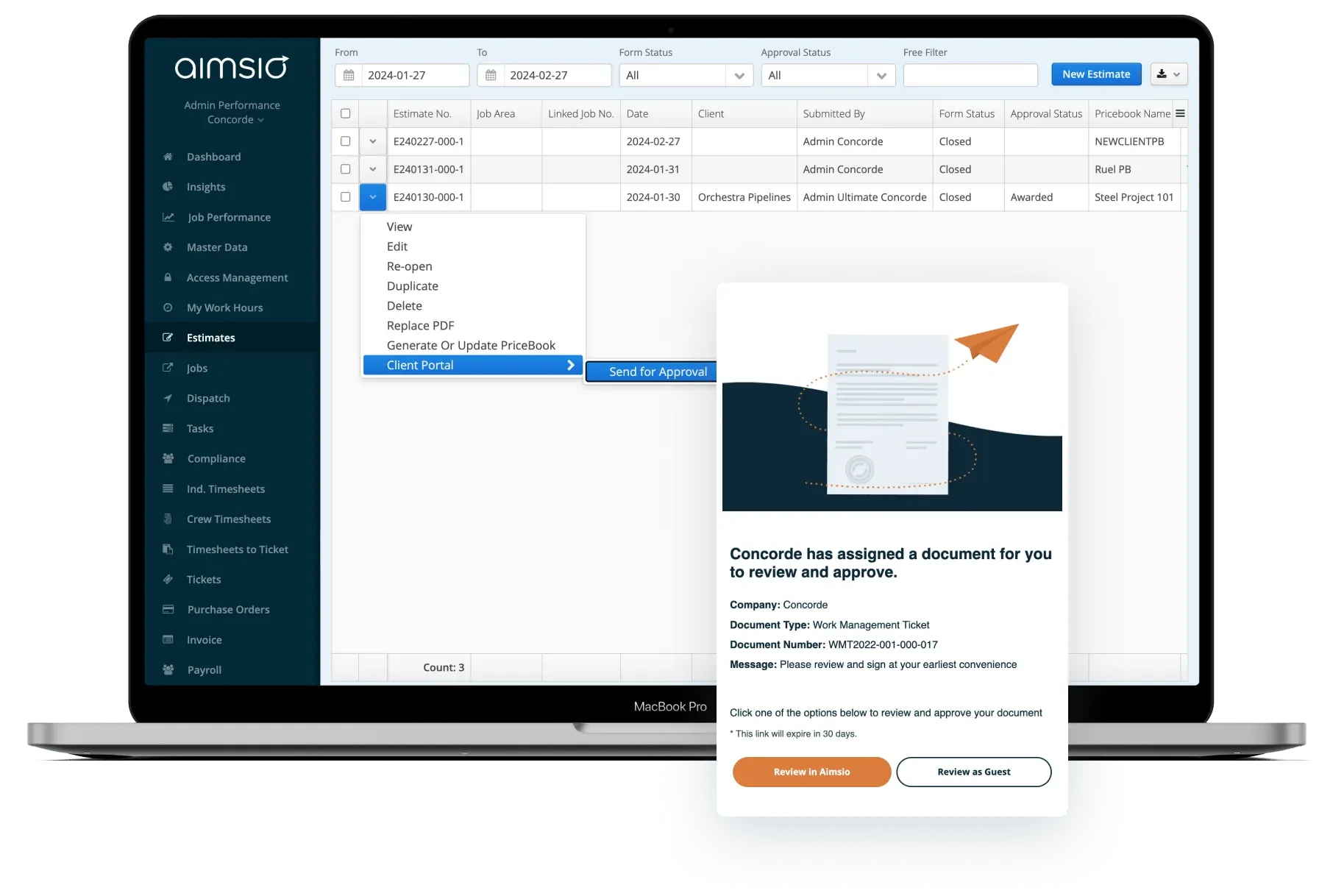 Aimsio estimate client approval screen