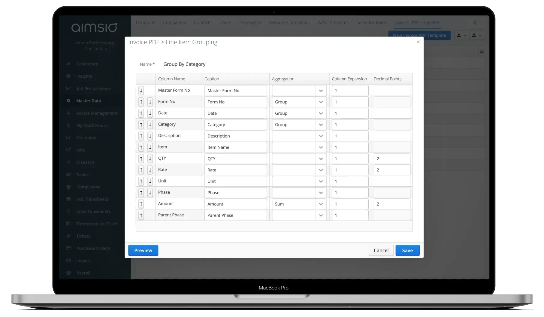 Aimsio invoice PDF customization settings