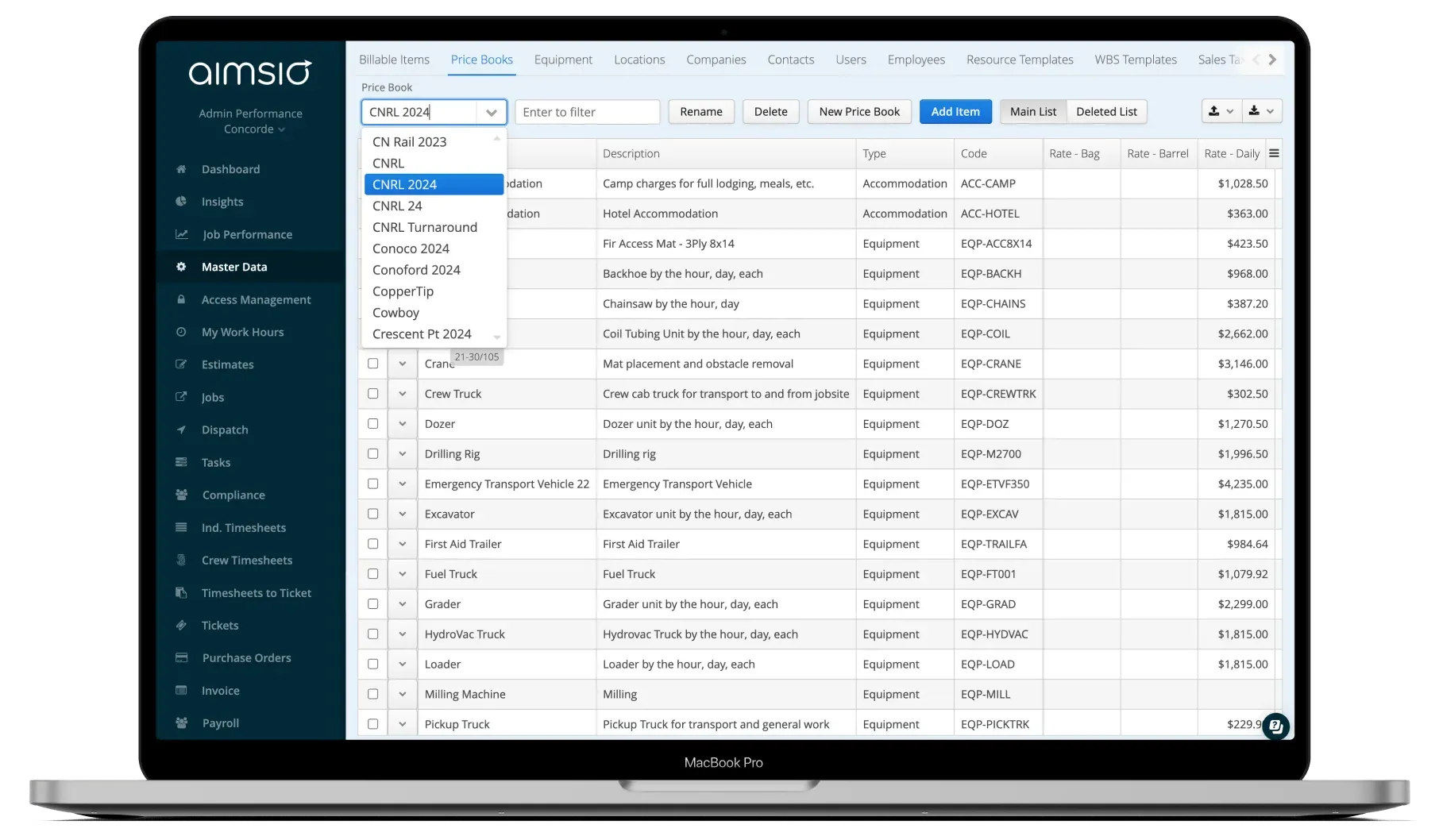 Aimsio price book list view showing client rate cards