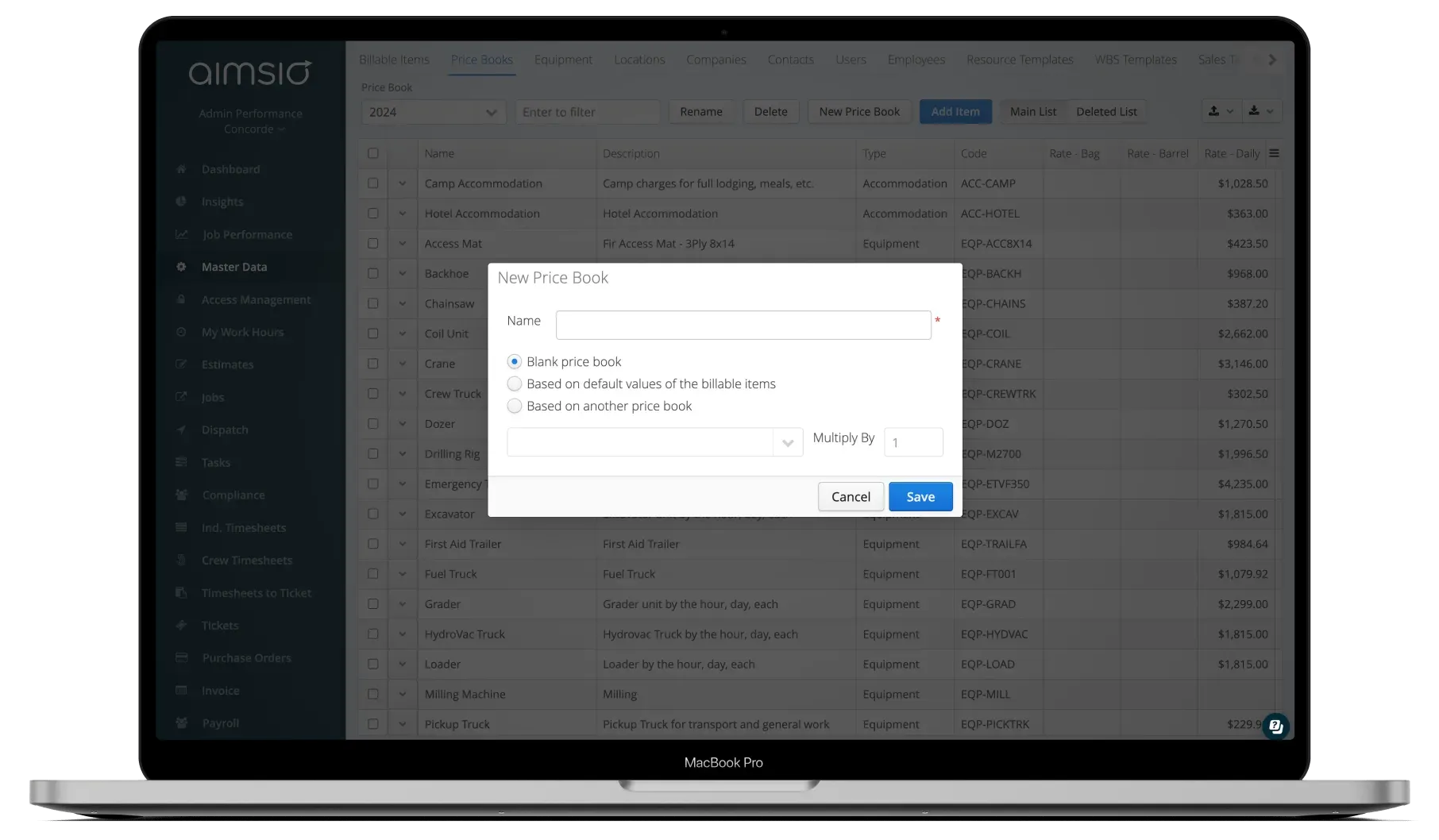 Aimsio new price book creation screen