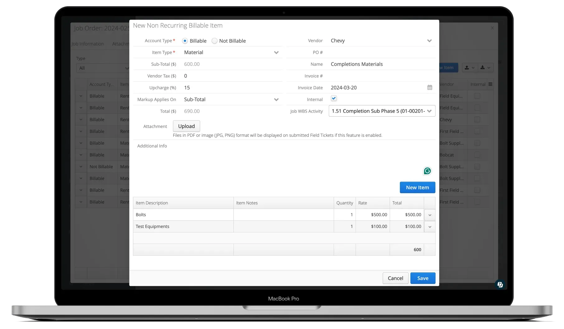 Aimsio non-recurring billable entry screen on mobile