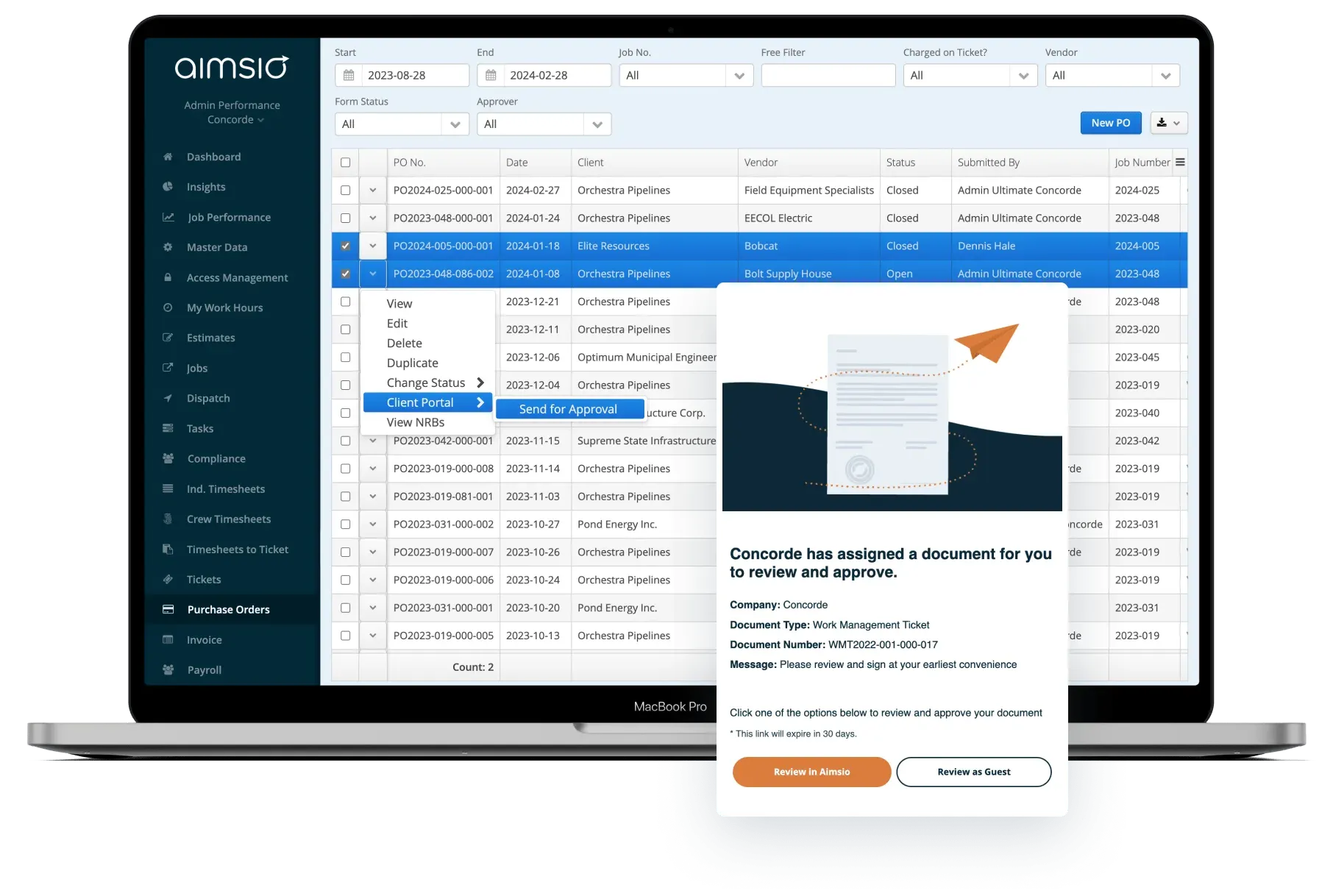 Aimsio purchase order approval workflow showing review and sign-off