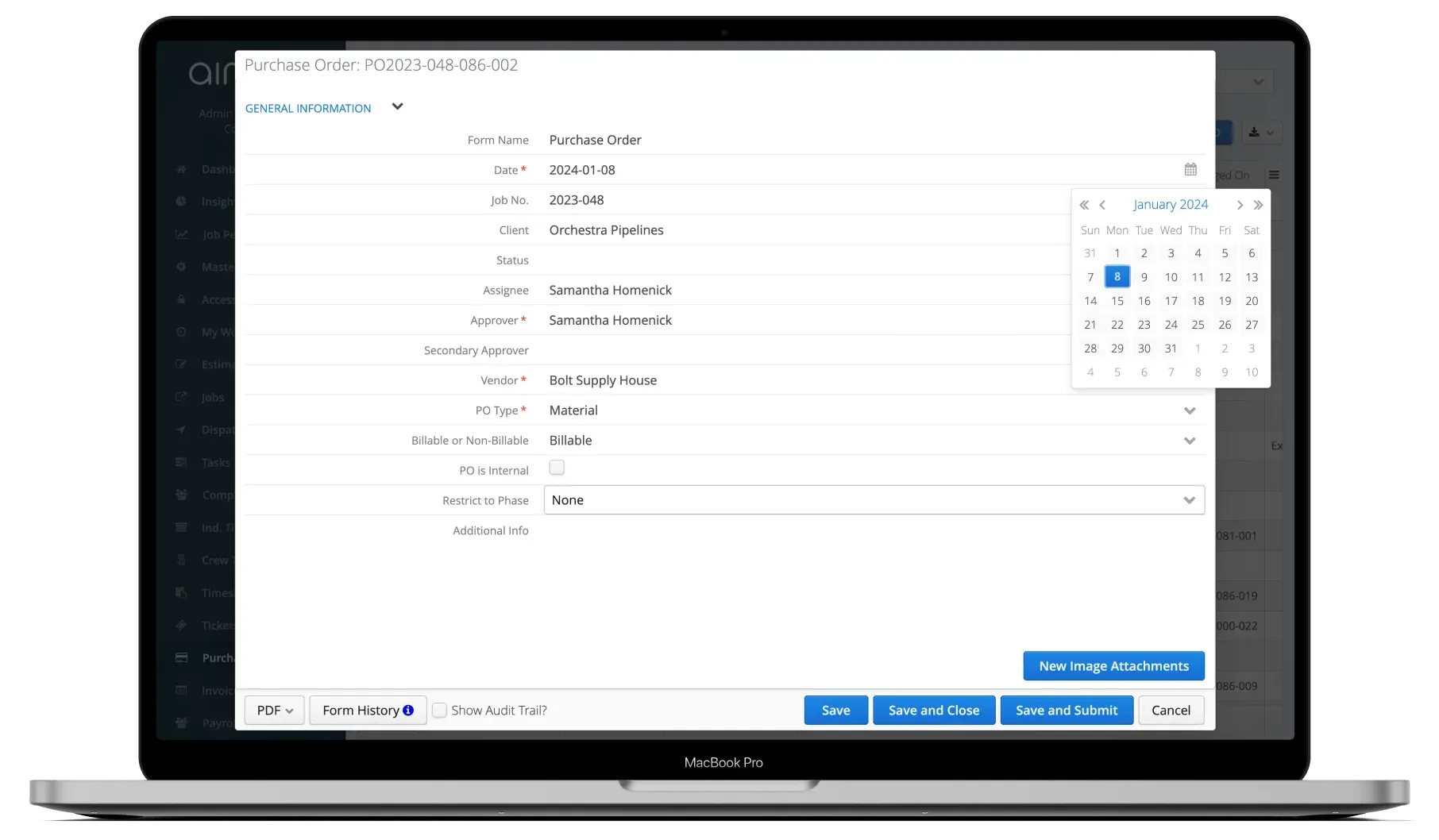 Creating a purchase order in Aimsio with line items and job assignment