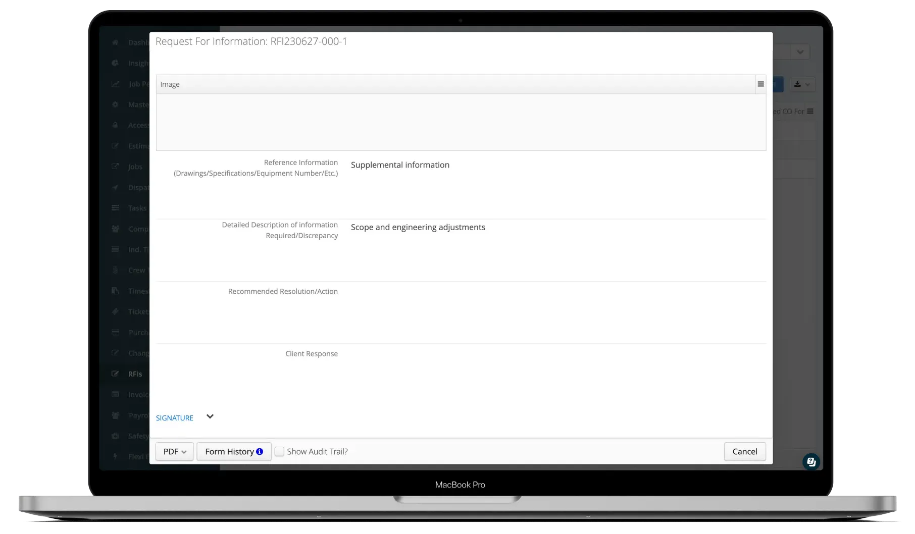 Aimsio RFI additional information response screen