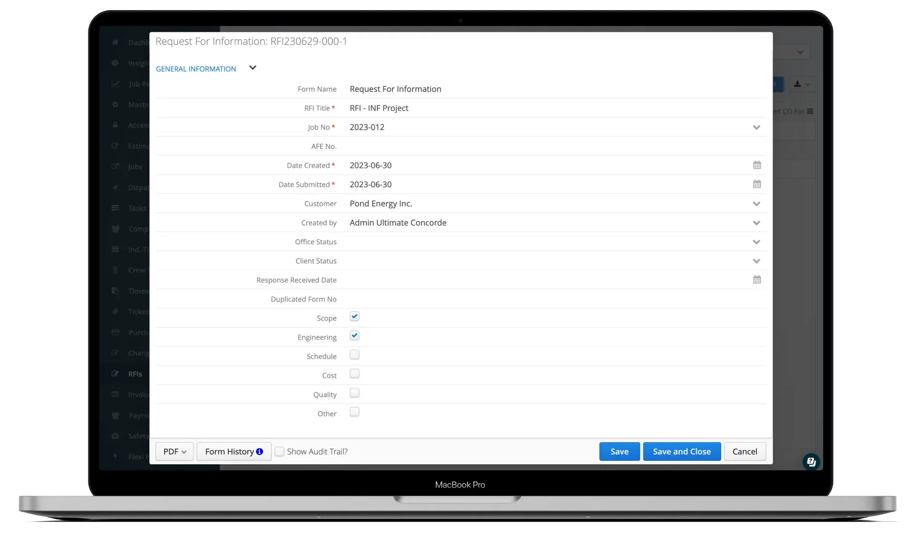 Aimsio RFI creation screen showing new request form