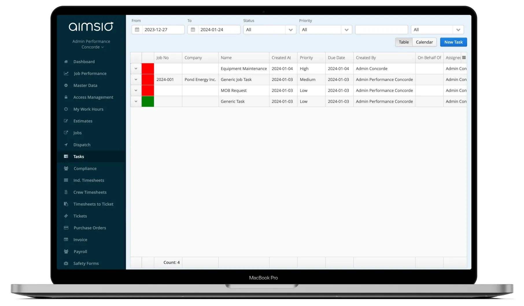 Aimsio task table view showing auto-generated timesheets for approval