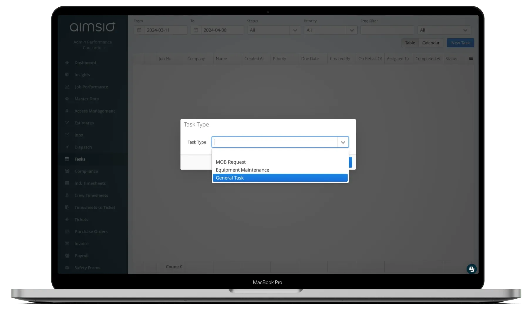 Aimsio task type selection and SMS notification flow