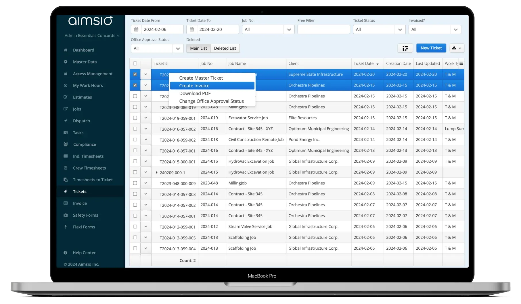 Aimsio ticket to invoice conversion workflow