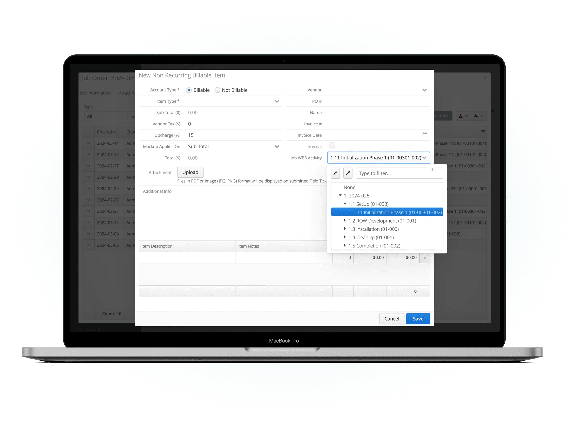 Aimsio non-recurring billables screen showing third-party cost capture at the job level