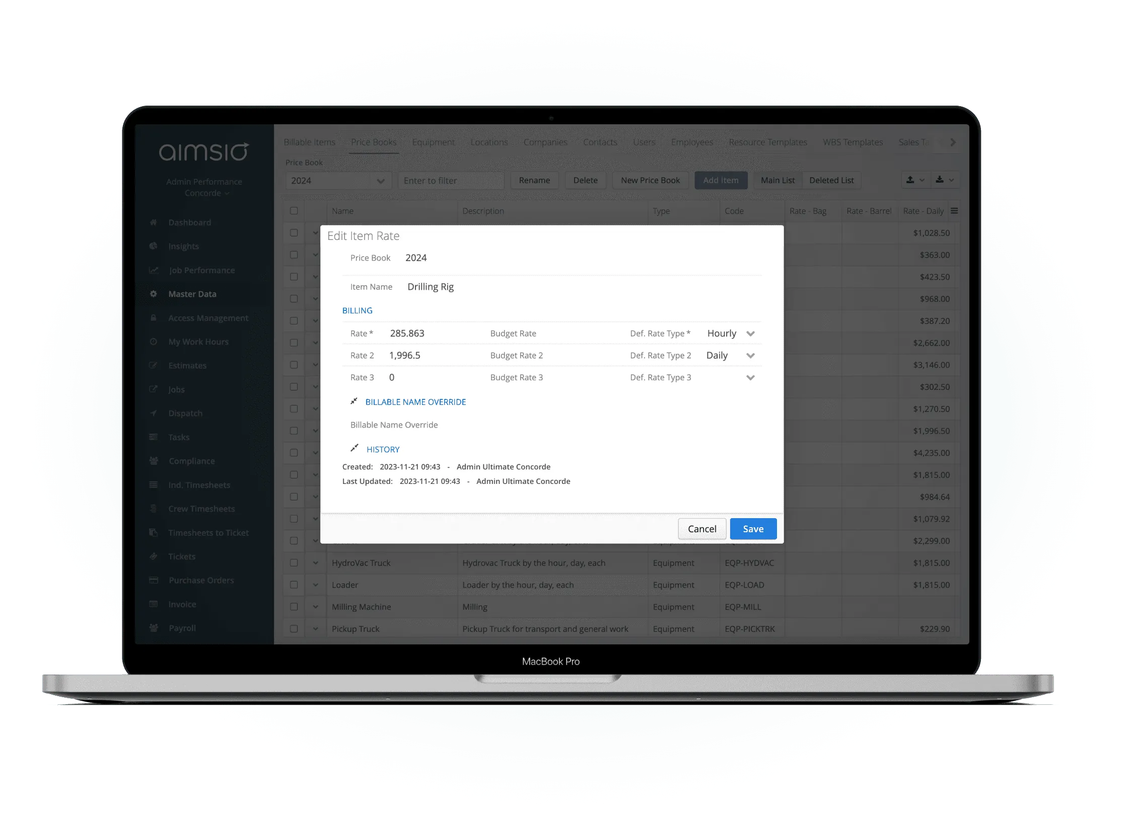 Aimsio price book management showing client rate cards