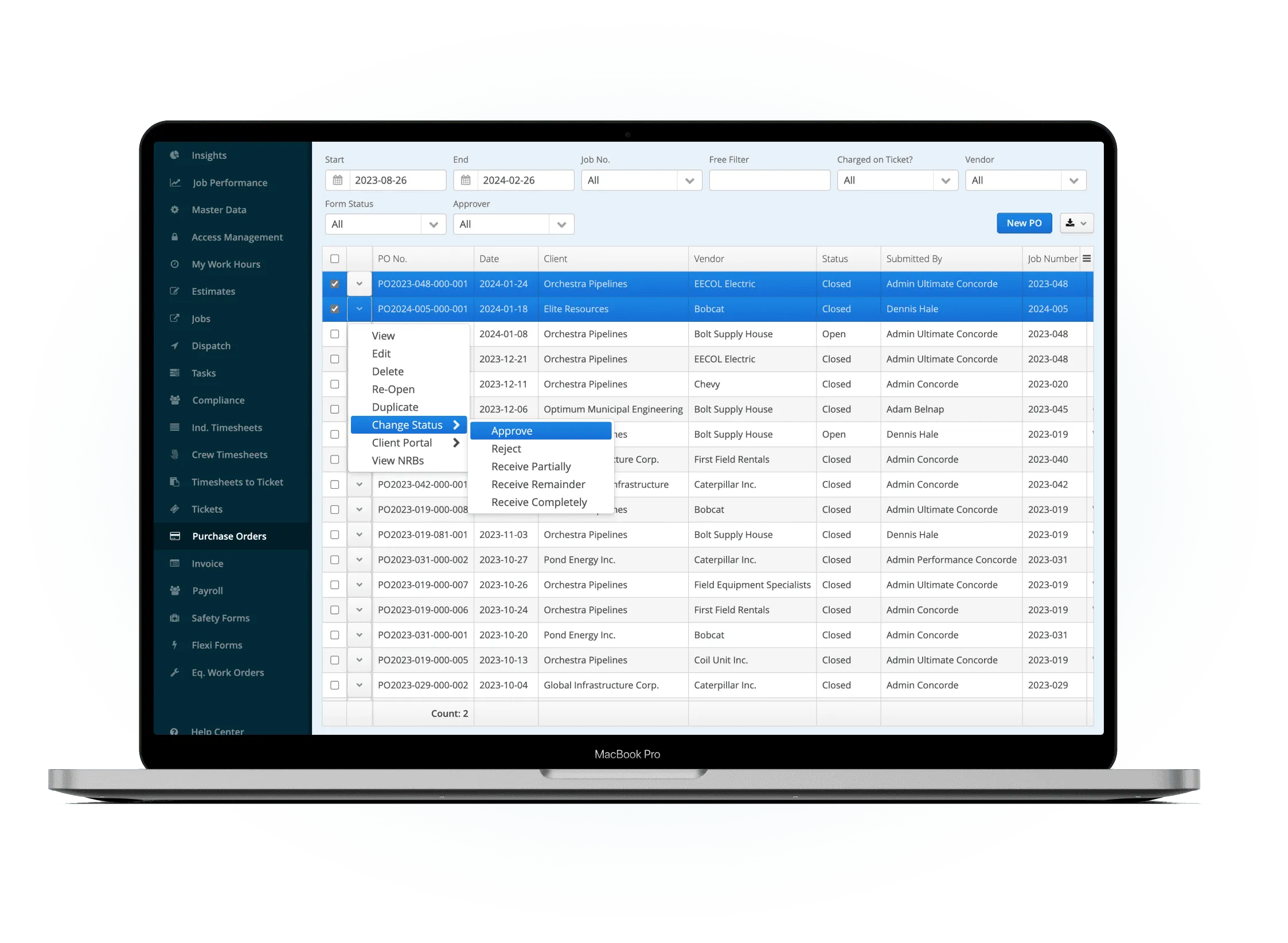 Aimsio purchase order management showing PO creation and approval workflow