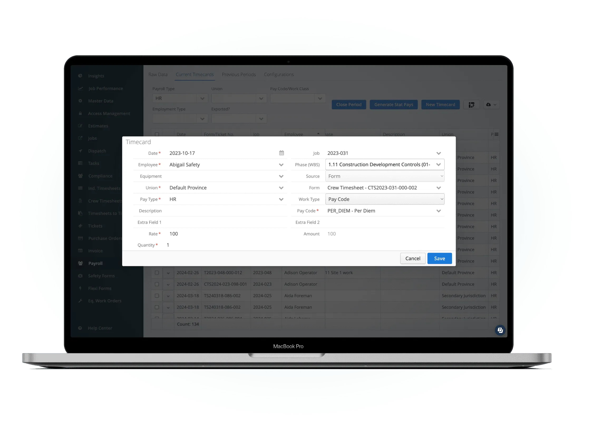Aimsio Job Costing dashboard showing real-time labour and equipment costs