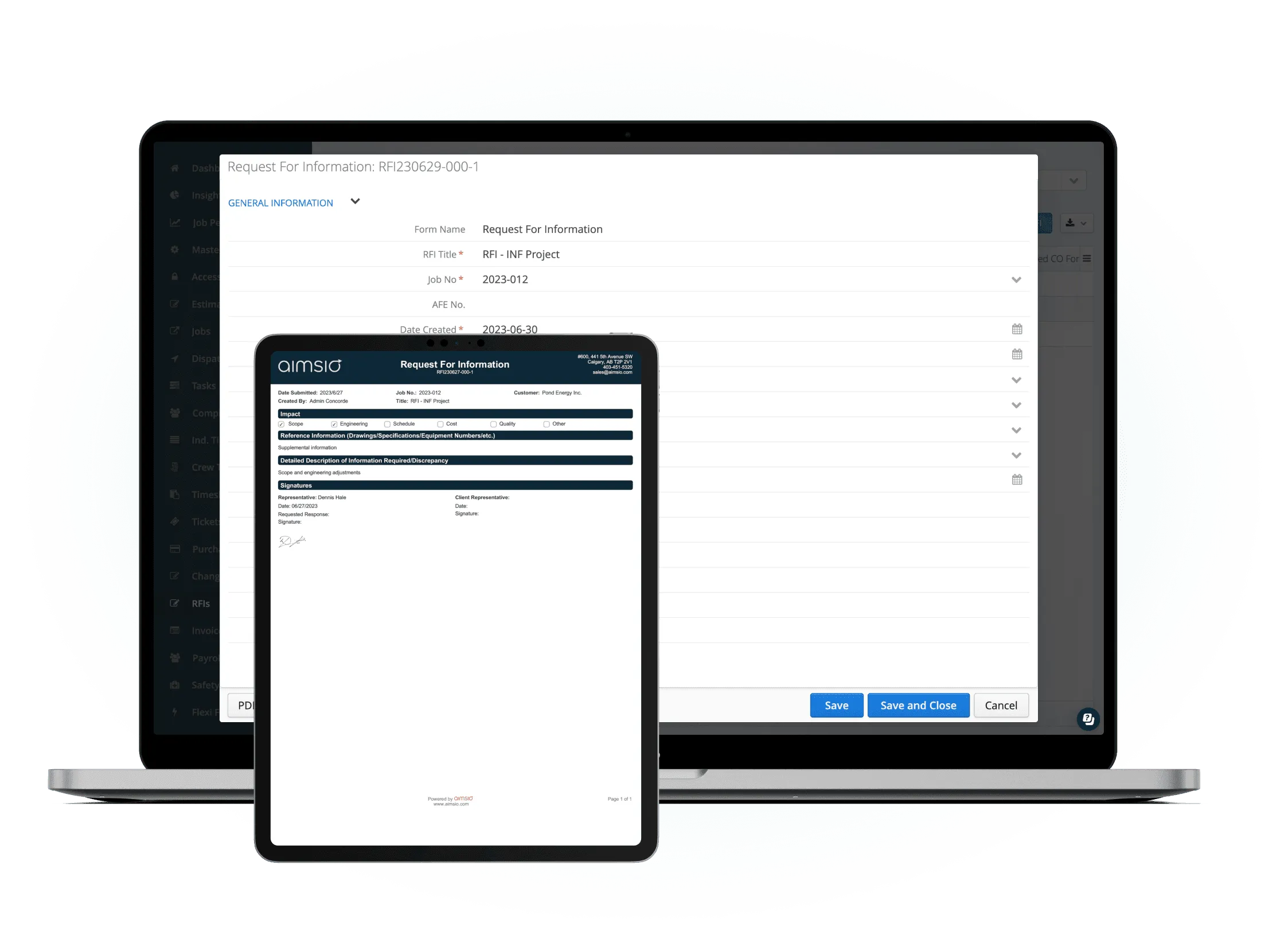 Aimsio RFI management dashboard showing tracked requests