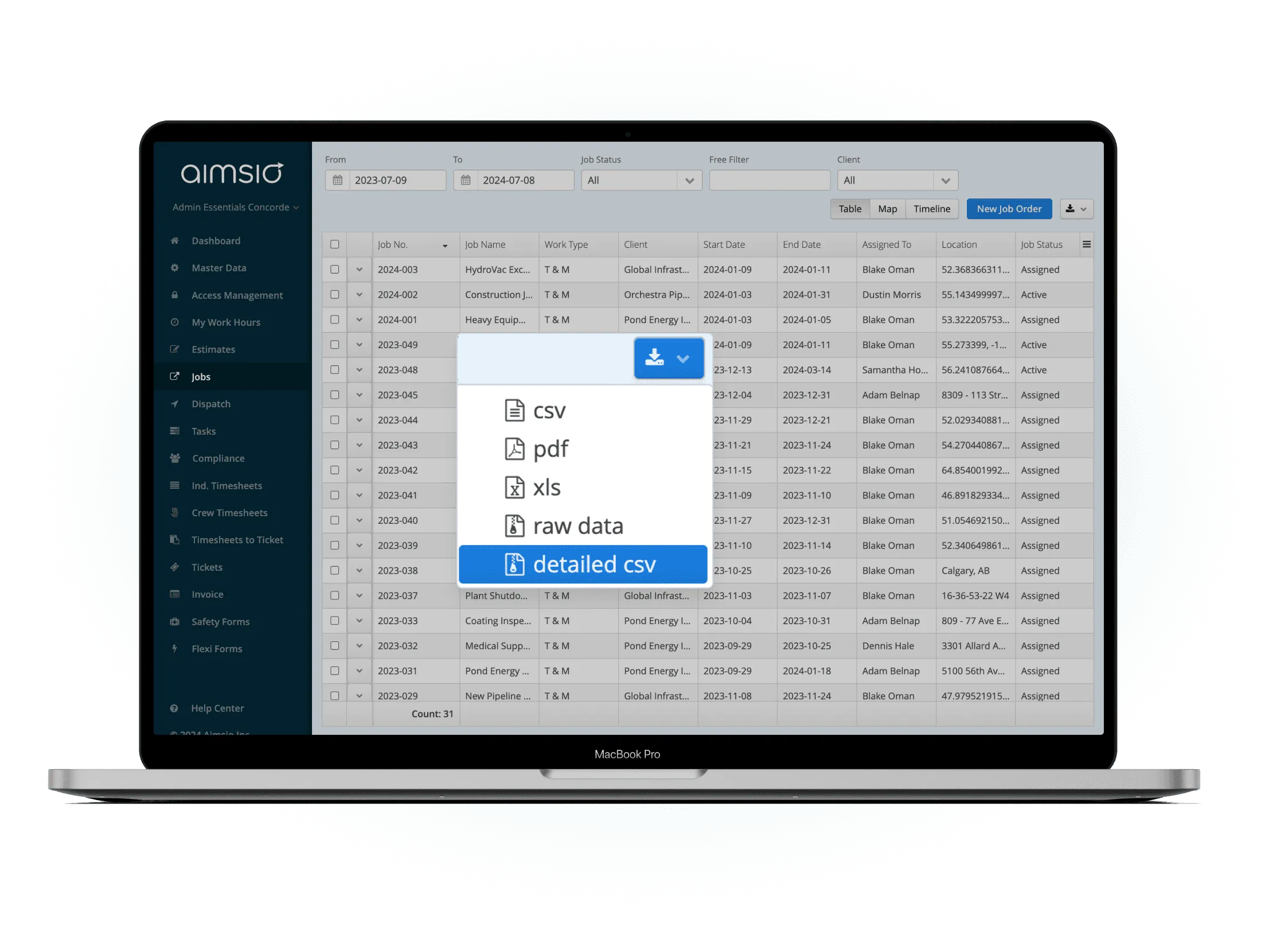 Aimsio CSV Export data selection interface