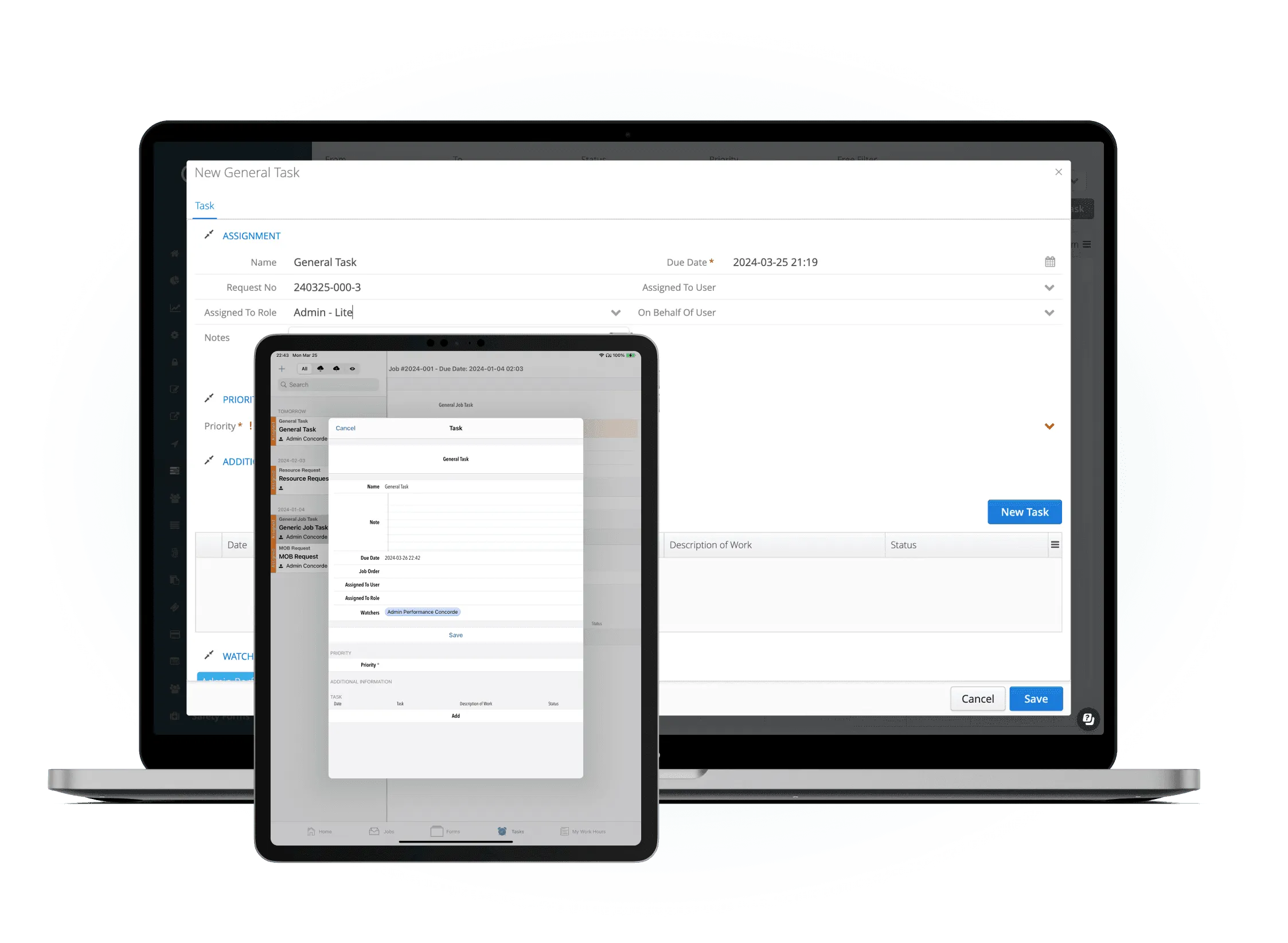 Aimsio task management dashboard showing assigned tasks with priority levels and status tracking