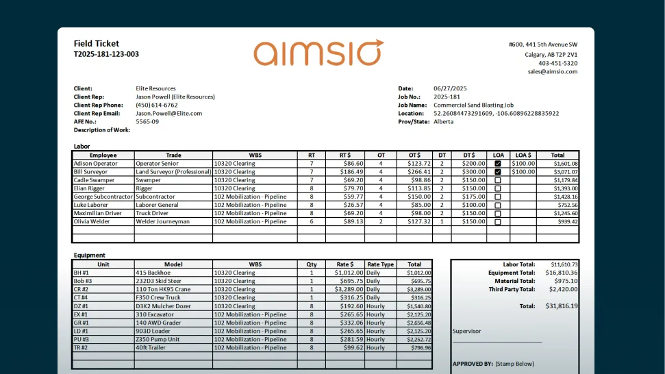 Free field ticket Excel template showing labor tracking, equipment rates, and materials sections for oil and gas service companies.