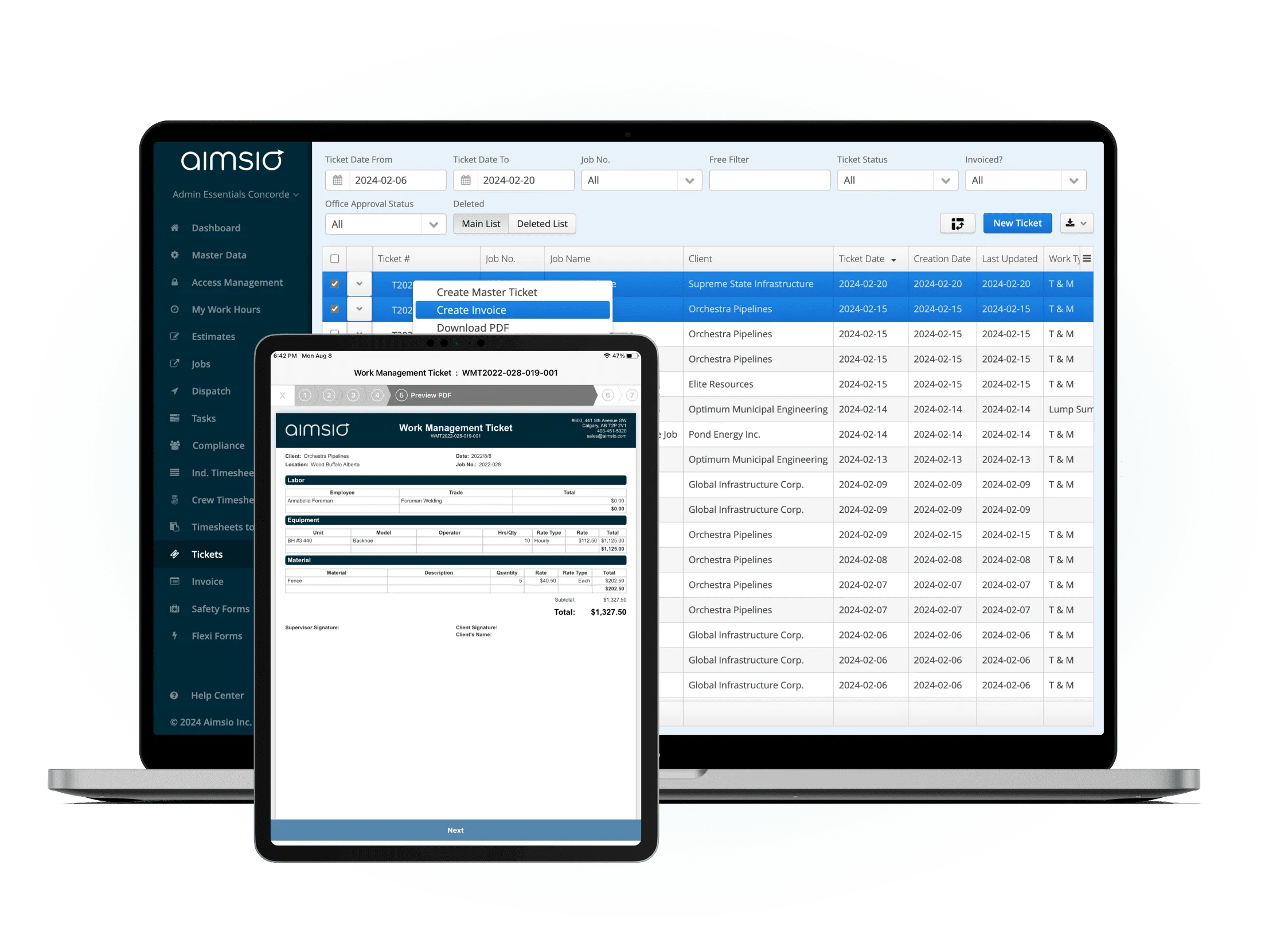 Aimsio field ticket on a mobile device showing labour, equipment and materials capture