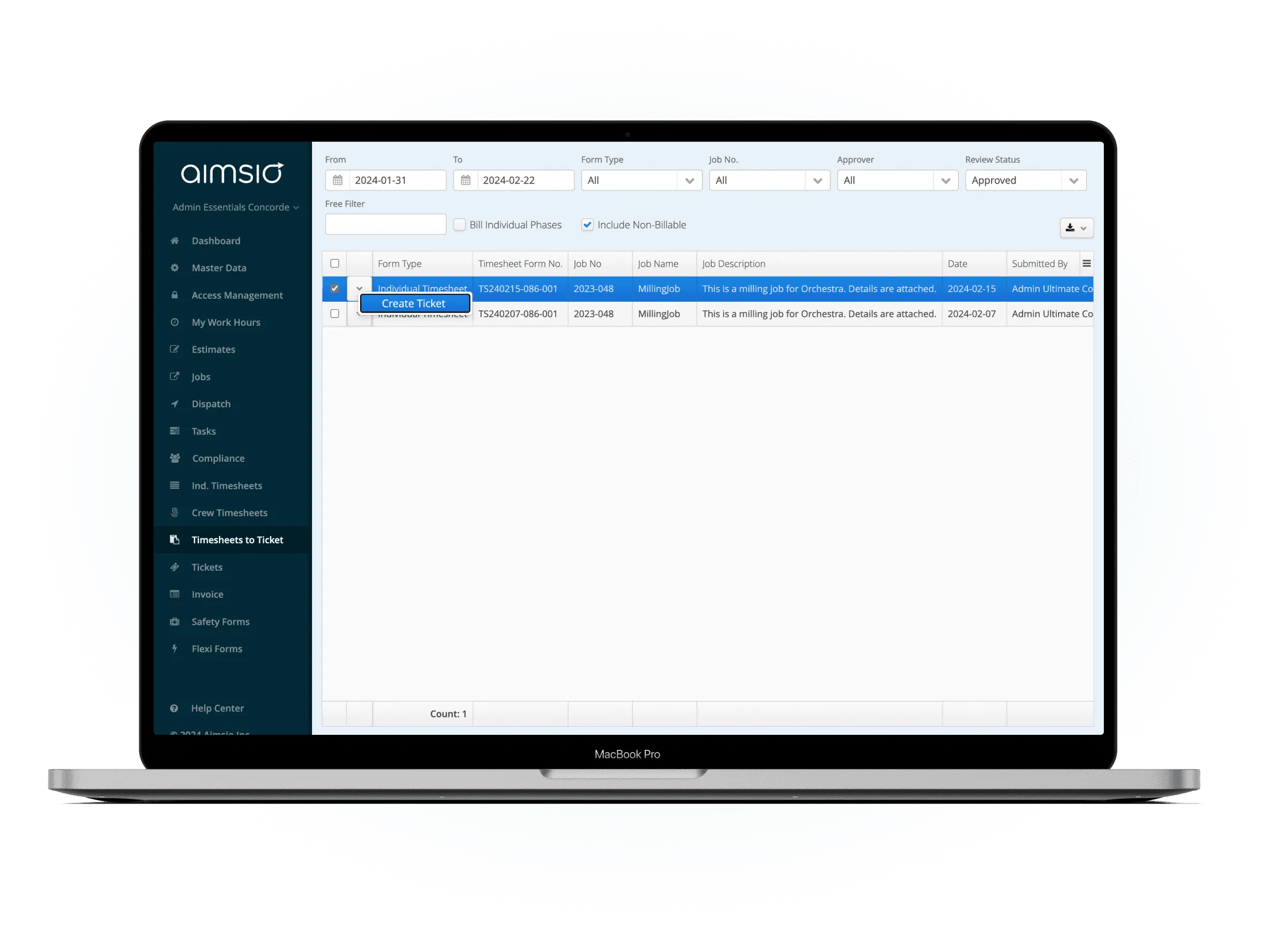 Aimsio Billing Automation converting timesheets to customer tickets