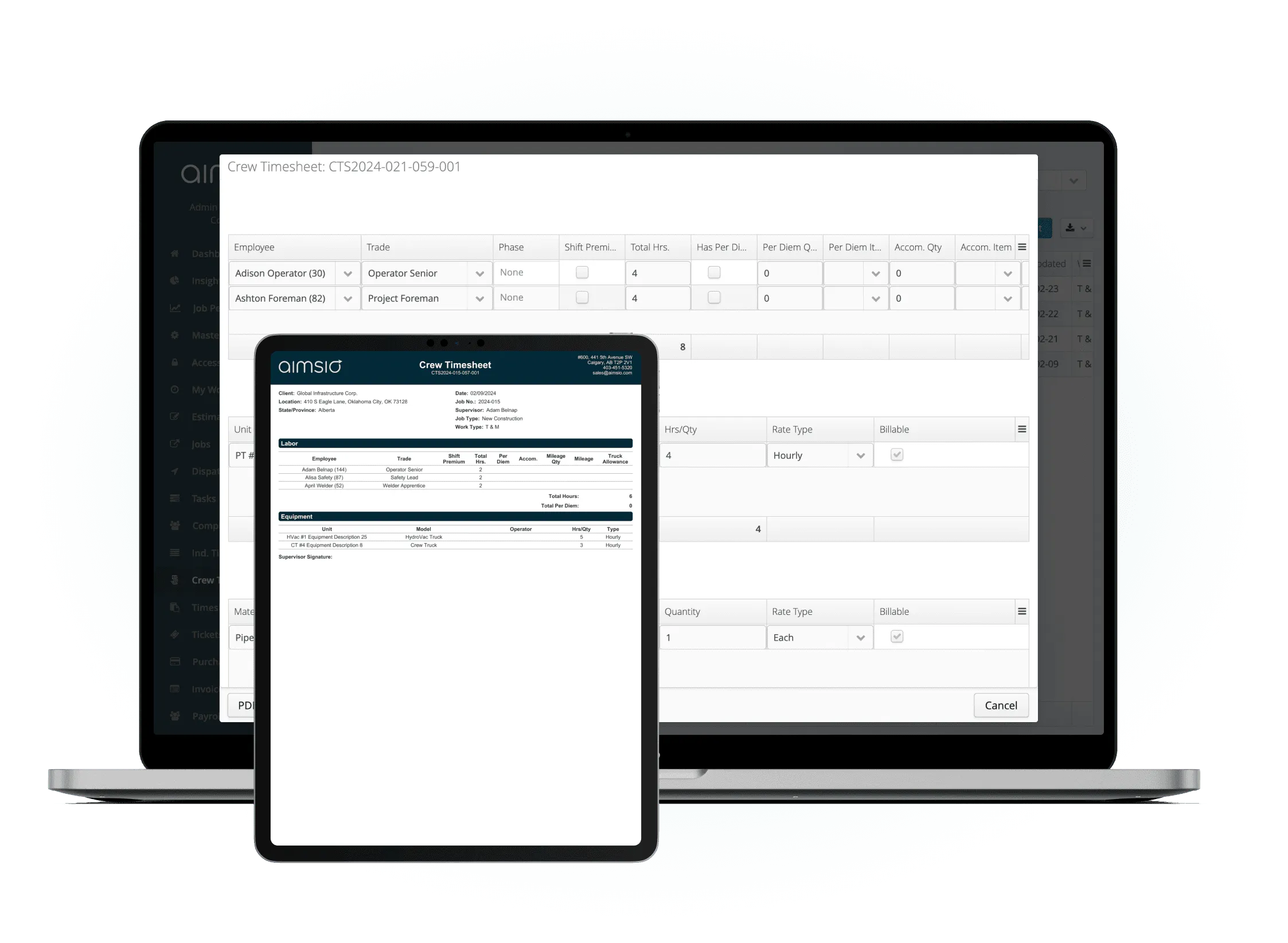 Aimsio Timesheets showing auto-generated crew hours from field data